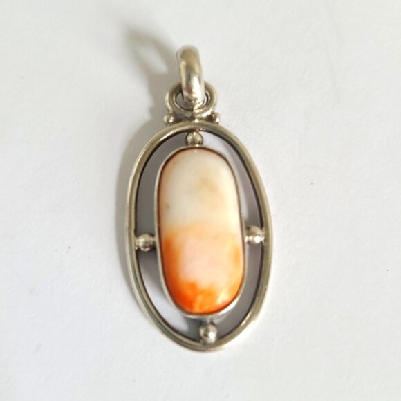 Vintage Jewelry - Vintage Boho Sterling Silver Orange Scolecite Gemstone Large Oval Pendant